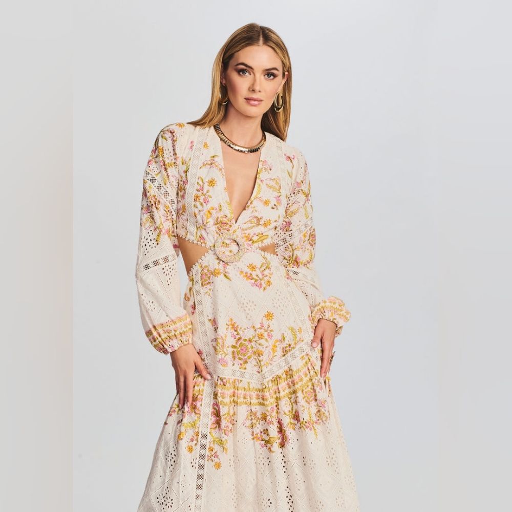 HEMANT & NANDITA Floral Long Sleeve Dress in Cream and Yellow